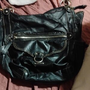 Franco Sarto Black Faux Leather Shoulder Bag with Front Zip Pocket